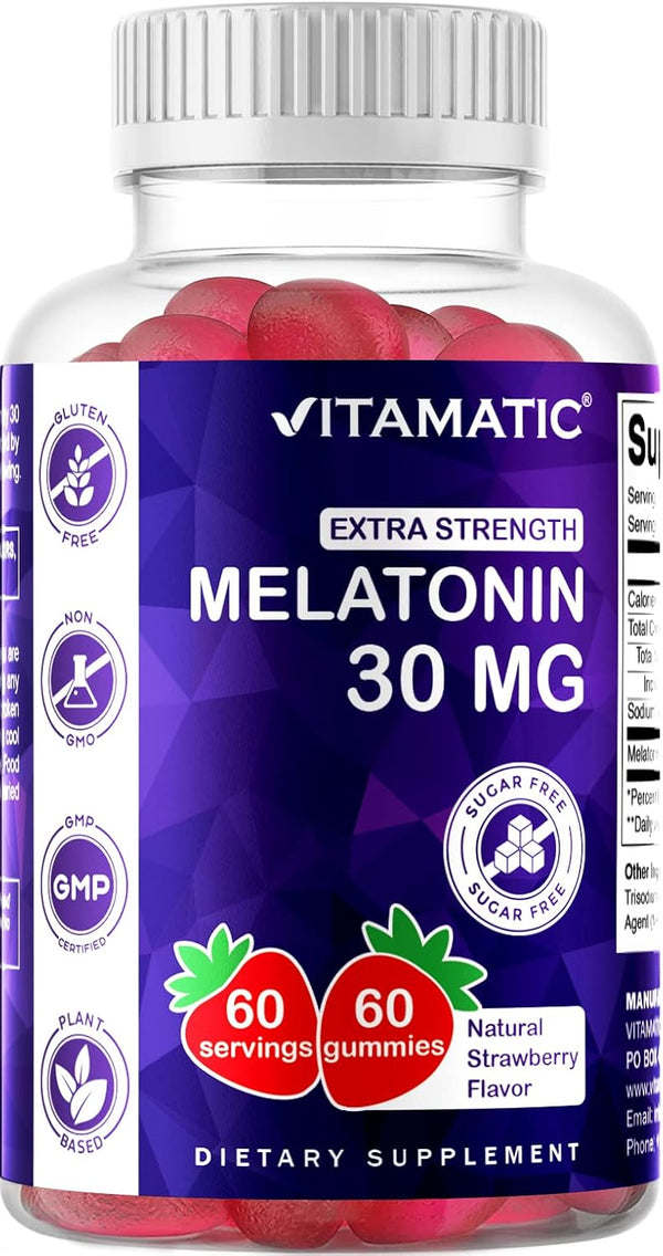 Vitamatic Sugar Free Melatonin 30mg per gummy, 60 Vegetarian Gummies, Non-Habit Forming Supplement