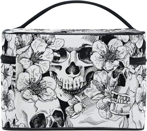 Makeup Train Case Sugar Skull Mexican Floral, Portable Zip Travel Cosmetic Brush Organizer for Girls Women