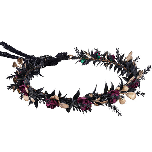 MOSTORY Elf Black Flower Crown, Gothic Floral Headpiece, Dark Elven Tiara for Women Cosplay