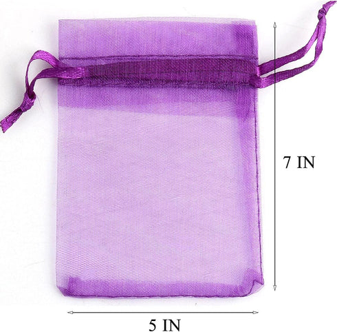 100pcs Organza Drawstring Gift Bags - 5x7 Inches Sheer Fabric Mesh Purple Pull String Sack for Jewelry, Party Favors