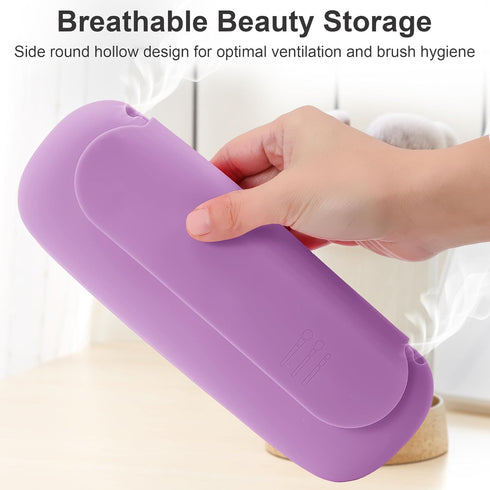 Travel Makeup Brush Holder - Silicon Portable Cosmetic Face Brushes Organizer with Built-in Cleaner (Purple)