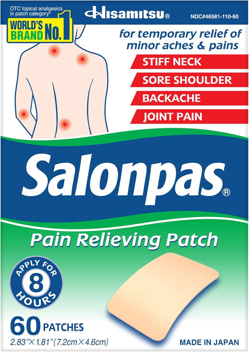 Salonpas Pain Relieving Patch for Back, Neck, Shoulder, Knee Pain, 60 Count, 8 Hour Relief