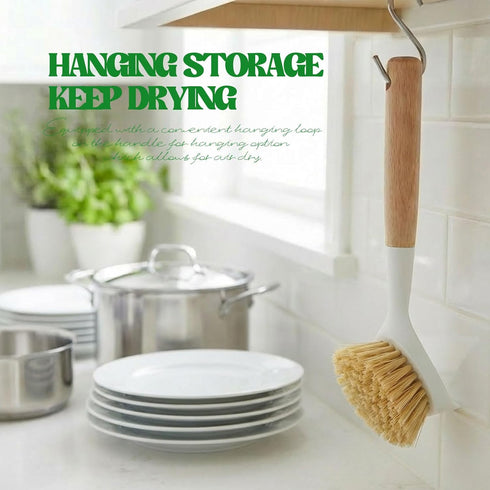 HogarCare Dish Brush with Handle Wood Built-in Scraper, Scrub Brush for Pans, Pots, Saucepan, Kitchen Brushes for Sink