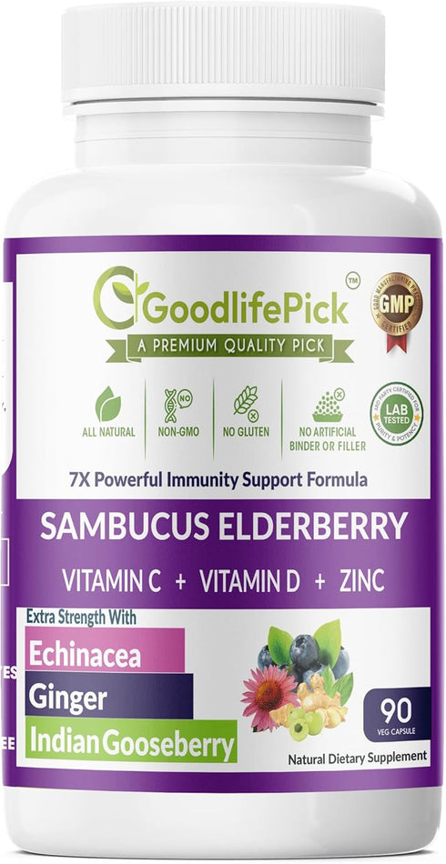 7 in 1 Elderberry with ZINC, Vitamin C, D, Echinacea, Ginger & Amla, Premium Capsules 90 ct, Non-GMO
