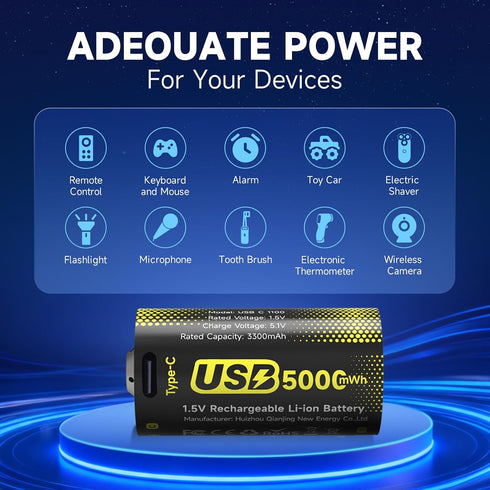 Newsellpo 4 Pack, 1.5V 5000mWh LR14 4-in-1 Rechargeable C Batteries Lithium C Size Battery C Cell with USB-C Charging