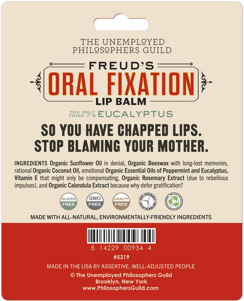 Sigmund Freud's Oral Fixation Lip Balm Tube, Eucalyptus Mint Flavored - Cruelty-Free and Made in the USA from Natural and Imported Ingredients