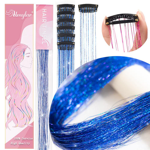 Umylar Clip in Hair Tinsel Pack of 12 Pcs 20 Inch Glitter Blue Tinsel Hair Extensions