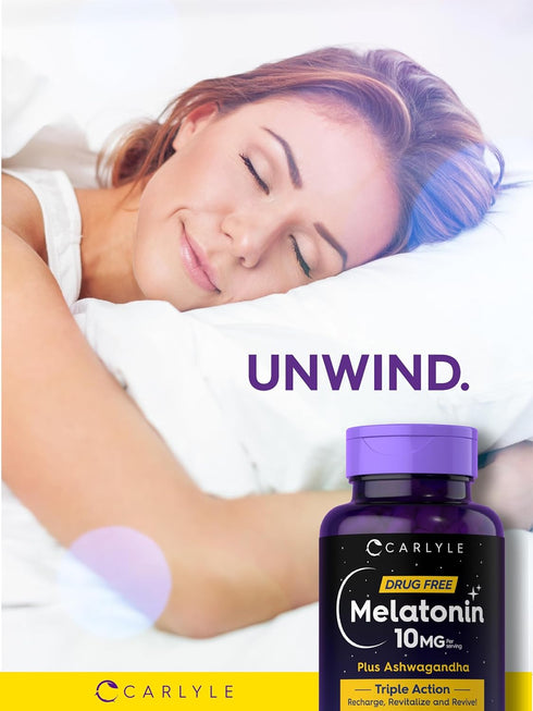 Carlyle Melatonin 10mg with Ashwagandha | 120 Capsules | Triple Strength Formula, Non-GMO, Gluten Free