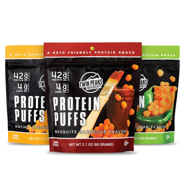 Twin Peaks Protein Puffs Variety Pack, Low Carb, Keto Friendly, 2.1 Ounce, 3 Pack, 60g, 42g Protein, 4g Carbs
