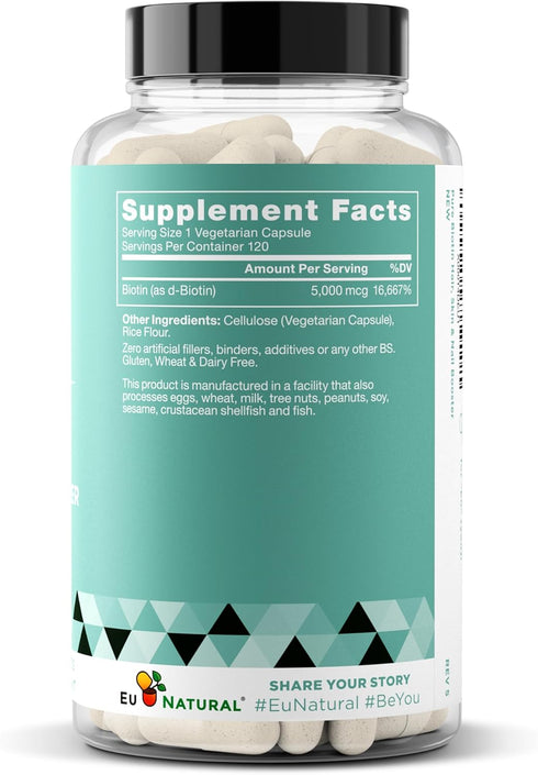 Biotin 5000 mcg Hair Skin Nails Supplement – High-Potency Hair Growth Vitamins for Women & Men – 120 Vegan Soft Capsules