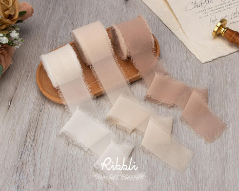 Ribbli Chiffon Ribbon 1.5 inch x 30 Yard Handmade Silk Ribbon,Cream/Champagne/Beige Fringe Chiffon Ribbon for Wedding Invitations, Bridal Bouquets Wrapping, Flower Arrangement Decoration by Ribbli