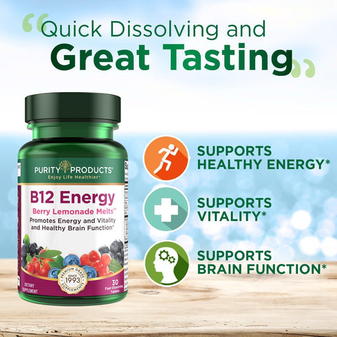 Purity Products B-12 Energy Berry Lemonade Melt, 30 Melting Tablets | Methylcobalamin B12 with Vitamins B6, D3, Folic