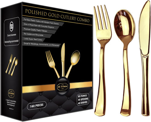160 Piece Gold Plastic Silverware Set, Reusable & Recyclable, Elegant Cutlery for Weddings, Parties, 80 Forks, 40 Spoons
