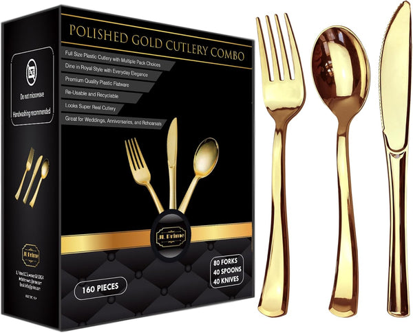 160 Piece Gold Plastic Silverware Set, Reusable & Recyclable, Elegant Cutlery for Weddings, Parties, 80 Forks, 40 Spoons