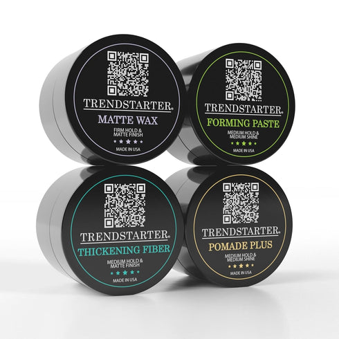 Men's Premium Hair Styling Sample Pack - Four 0.25oz Samples of Matte Wax, Forming Paste, Thickening Fiber, Pomade