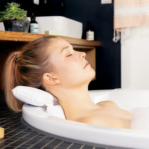 TranquilBeauty Bath Pillow, White PVC, Pain Relief, 7 Suction Cups, Ergonomic Head & Back Support