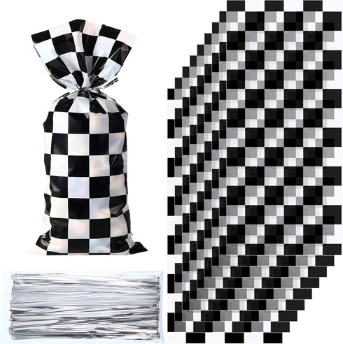 Blulu 100 Pieces Cellophane Car Candy Bags, Black White Checkered Racing Treat Bags, Plastic Race Gift Goodie Sack for