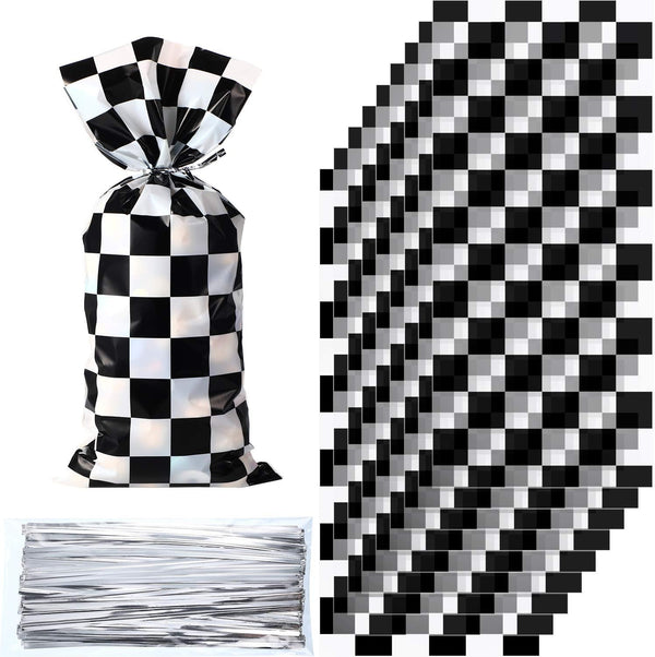 Blulu 100 Pieces Cellophane Car Candy Bags, Black White Checkered Racing Treat Bags, Plastic Race Gift Goodie Sack for