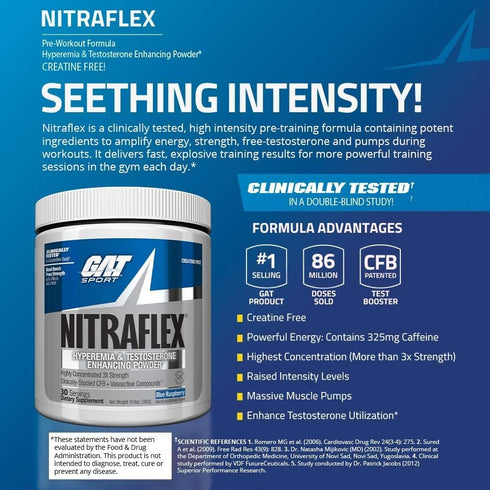 GAT SPORT Nitraflex Advanced Pre-Workout Powder, Blue Raspberry, 30 Servings for Strength and Energy