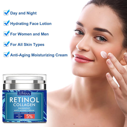Retinol Cream for Face - Anti-Wrinkle Moisturizer with Collagen, Hyaluronic Acid, Vitamin C+E for Men Women