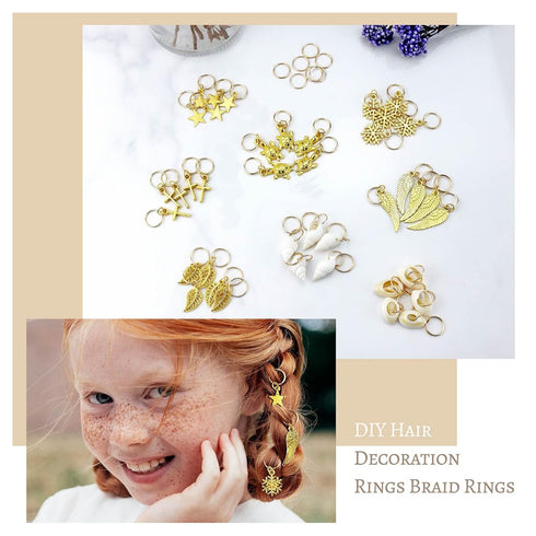 JIALEEY Hair Braid Rings, 50PCS Hair Loops Clips Gold Ring Shell Leaves Star Conch Snowflake Pendant Charms Set Hair