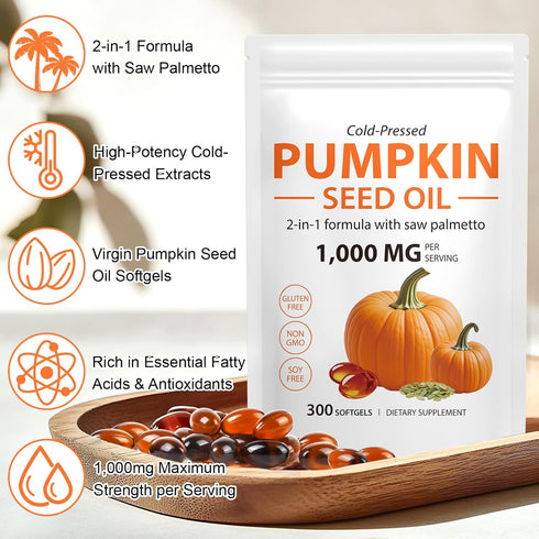 Mcukv 1000mg 300Pcs Pumpkin Seed Oil with Saw Palmetto, per Serving, Cold Pressed Pumpkin Seed Oil Capsules for Hair
