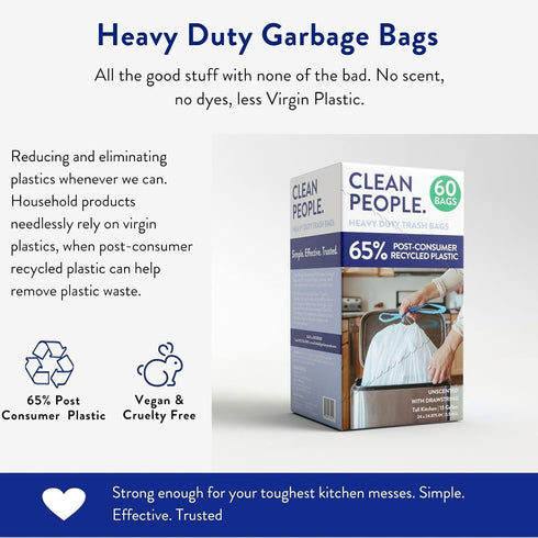 Clean People Trash Bags, Tall Drawstring Kitchen Garbage Bags, 13 Gallon Capacity, 60 Bags, Unscented