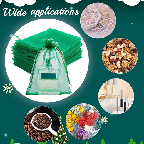 PH PandaHall 100pcs Organza Bags, 5x7 inch Jewelry Pouches, Gift Bags, Sheer Bag with Drawstring, Green Mesh Bag