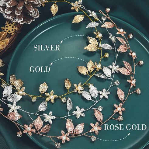 Yean Bride Wedding Hair Vine Headband, Gold Leaf Bridal Accessories for Women (Rose Gold)