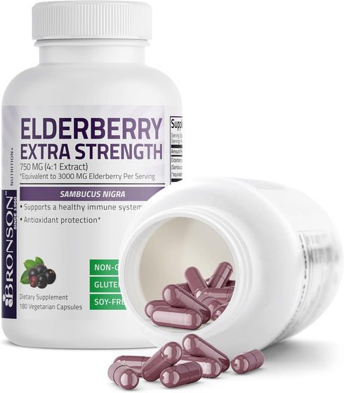 Bronson Elderberry Extra Strength, Supports Immune System & Antioxidant Protection, Non-GMO, 180 Vegetarian Capsules