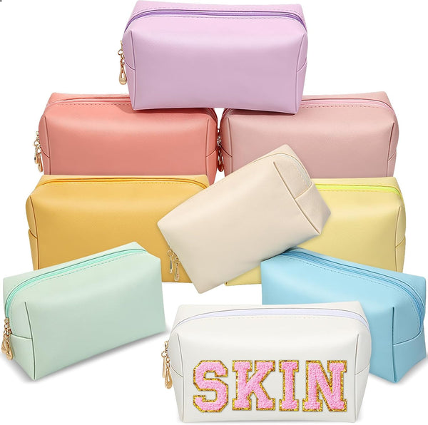 Sanwuta 9 Pcs Preppy Makeup Bag, Waterproof PU Leather Cosmetic Pouch, Toiletry Bags for Traveling, Macaron Colors