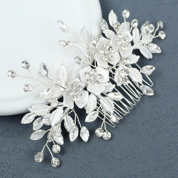 Wedding Rhinestone Hair Comb, Crystal Bride Hair Combs, Flower Side Combs, Leaf Headpiece Accessories for Women (Silver)