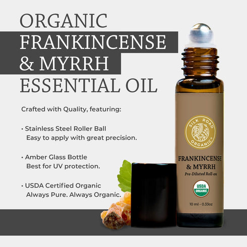 Organic Frankincense & Myrrh Essential Oil Roll On 10 ml - 100% Pure USDA Certified Aromatherapy for Stress Relief