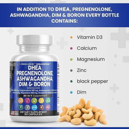 DHEA 200mg Supplement - 60 Ct - Pregnenolone 100mg for Men & Women with DIM, Ashwagandha 3000mg, Boron, Calcium,