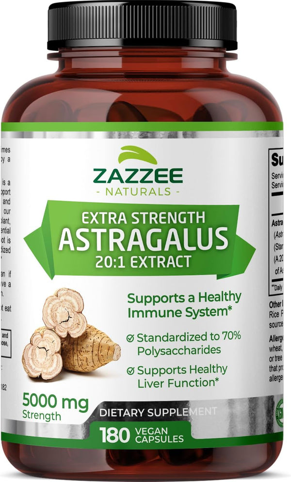 Zazzee Extra Strength Astragalus Root 20:1 Extract, 5000 mg Strength, 180 Vegan Capsules, 6 Month Supply