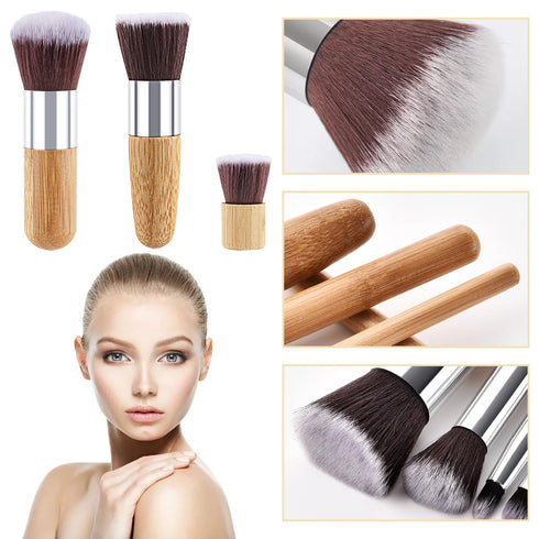 3 PCS Mini Travel Size Flat Top Face Foundation Brush, Synthetic Bristles & Bamboo Handle for Flawless Makeup