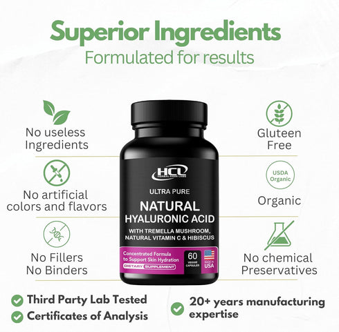 Natural Hyaluronic Acid Supplement, 5X Stronger Hydration Pills from Pure Tremella Mushroom with Vitamin C & Hibiscus