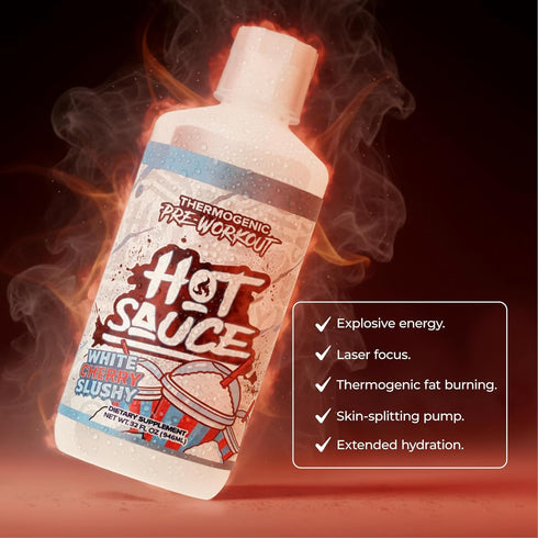 Pump Sauce 32 Oz Hot Sauce Thermogenic Pre-Workout, White Cherry Flavor, Liquid Energy Supplement with Caffeine