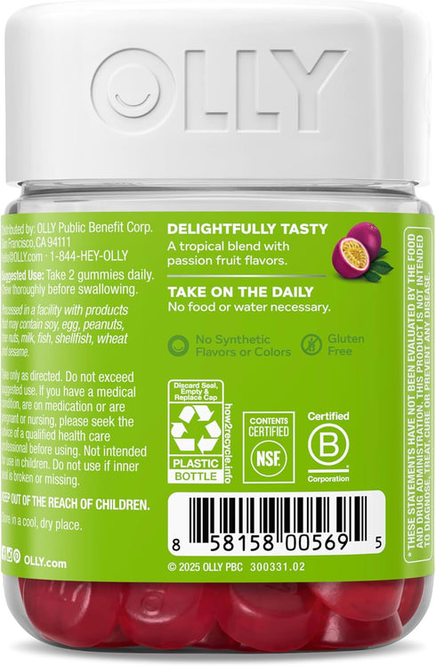 Gummy, B12, CoQ10, 60 Count OLLY Daily Energy Caffeine Free, Vitamin Goji Berry, Adult Chewable Supplement, Tropical