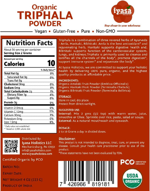 Organic Triphala Powder,Ayurveda Superfood,Natural Body Detox,Bowel Cleanser,Herbal Laxative,4 Ounce 113 Gram