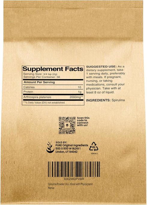 Pure Original Ingredients Spirulina Powder (4 oz) Green Algae Superfood with Phycocyanin
