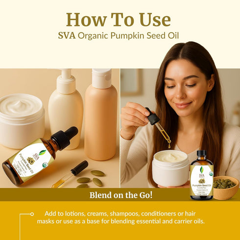 SVA Organic Pumpkin Seed Oil - 4 Fl Oz - 100% Natural Cold Pressed Pumpkin Oil for Face, Skin Care, Hair Care, Body
