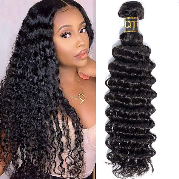 QTHAIR 16A Brazilian Virgin Hair Deep Wave Bundles, 100% Unprocessed Deep Curly Human Hair Weave, Natural Color