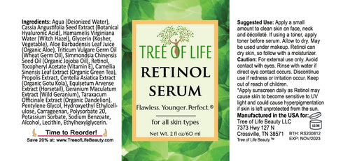 Tree of Life Retinol Serum for Face, 2 Fl Oz, Anti Aging with Hyaluronic Acid, Acne Marks, Fine Lines