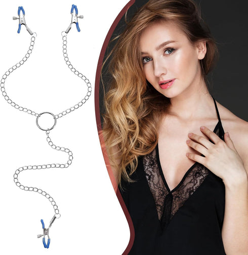 Quilax 3 Adjustable Non Piercing Nipple Clamps Y Necklace for Women Men, Body Jewelry with Soft Silicone Pads, Clips