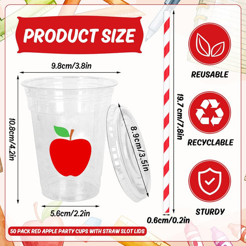 Whaline 50Pcs Back to School Apple Disposable Plastic Cups with Lids and Straws 12oz Party Cups Red Apple Cold Beverage Drinking Cups for First Day of School Teacher Party Supplies by Whaline