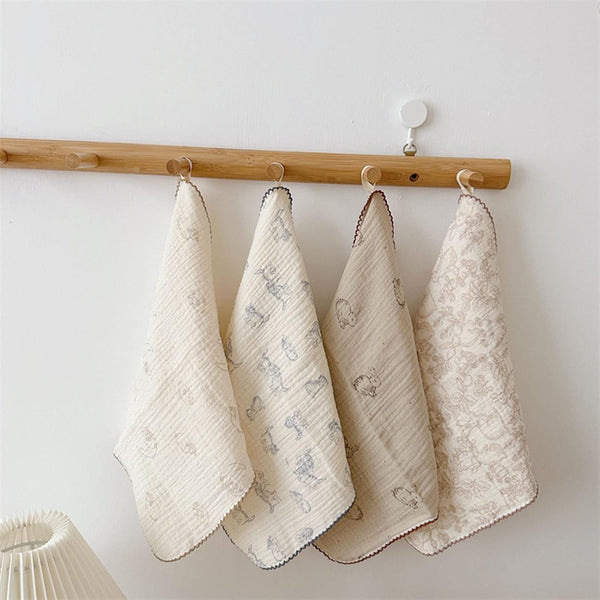BuLuTu 100% Cotton Muslin Kitchen Towels, Cute Animals Pattern, Soft and Super Absorbent Cleaning Rags, 4 Pack