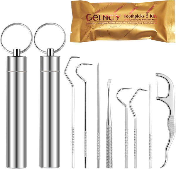 Toothpicks Pocket Set, Reusable Dental Floss Picks Kit, Stainless Steel Teeth Cleaning Tools, Travel (2 Set)