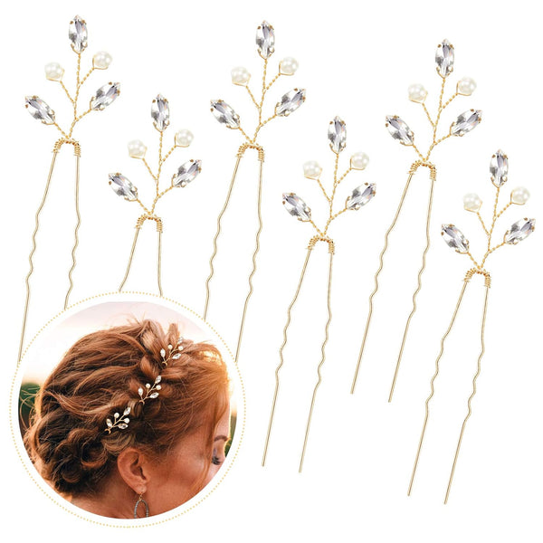 Syhood 6 Pieces Pearl Crystal Bridal Hair Pins, Rhinestone Flower Wedding Hair Accessories for Women Hairstyles (Gold)