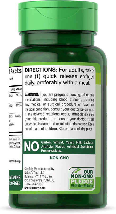 Nature's Truth Vitamin A D K Supplement, 60 Softgels, High Potency of A, D3, K1 & K2, Non-GMO, Gluten Free